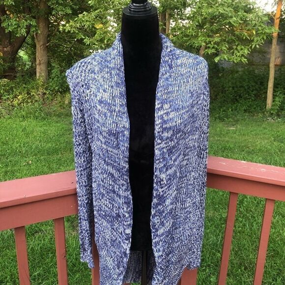Bobbie Brooks Ladies Blue White Marble Long Length Knit Sweater Cardigan Sz L - Picture 1 of 11